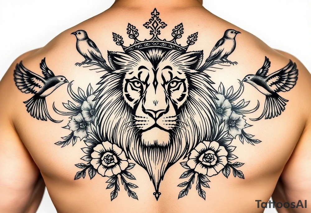 powerful majestic lion with a crown, surrounded by floral ornaments and birds tattoo idea