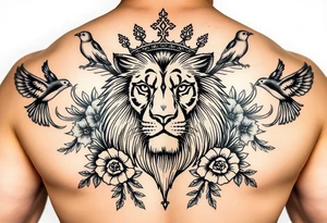powerful majestic lion with a crown, surrounded by floral ornaments and birds tattoo idea