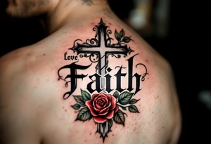 Bold black gothic font with a cross behind it in shadowy gray and a rose winding around the letters in red and green love faith hope. tattoo idea