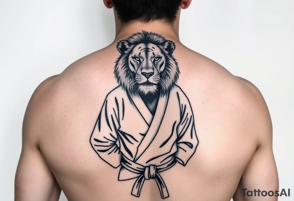 Lion in the Serengeti wearing a Brazilian hi jitsu gi as a person would along side his two sons tattoo idea