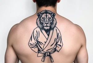 Lion in the Serengeti wearing a Brazilian hi jitsu gi as a person would along side his two sons tattoo idea