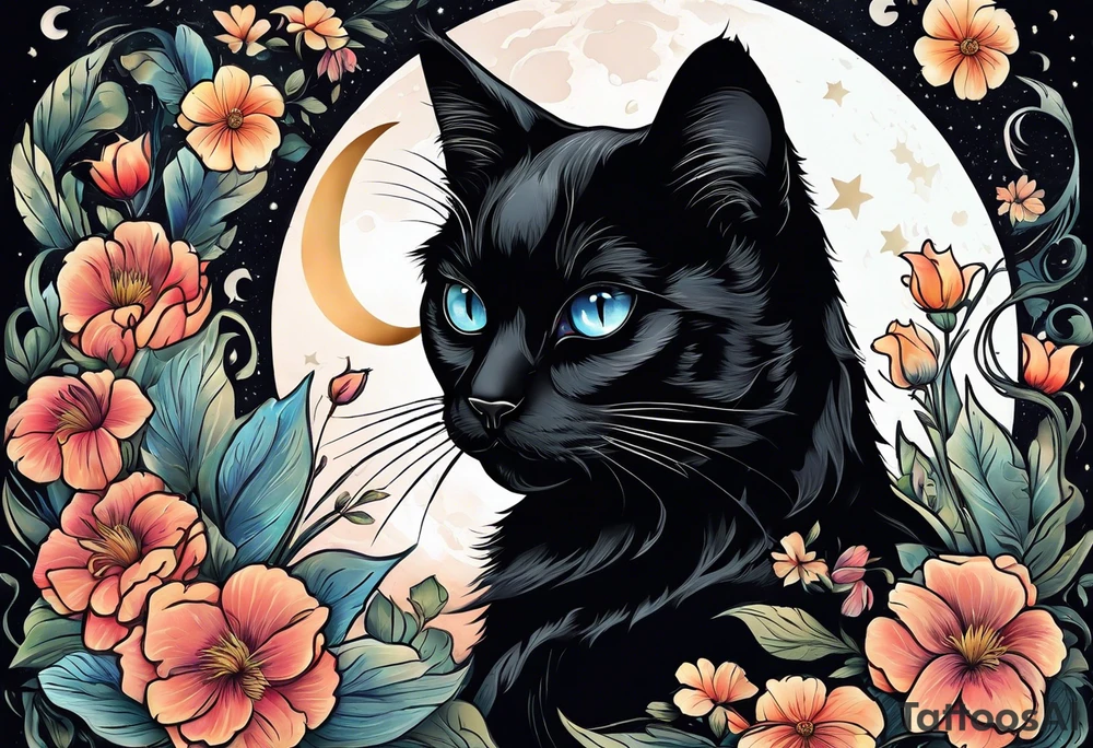 Photo realistic black cat with moon and flowers tattoo idea Photo realistic black cat with moon and flowers tattoo idea