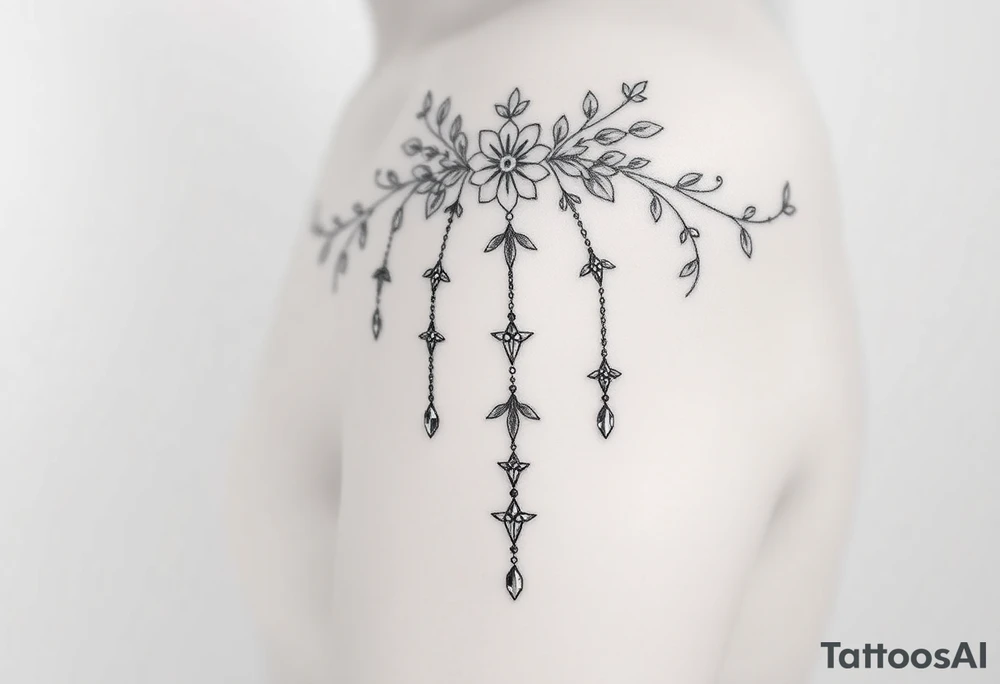 Vintage floral lace and delicate jewelry inspired with swooping draping chains like a chandelier and 5 pointed crystal star charms. Make it cover the entire upper arm/shoulder please tattoo idea