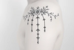 Vintage floral lace and delicate jewelry inspired with swooping draping chains like a chandelier and 5 pointed crystal star charms. Make it cover the entire upper arm/shoulder please tattoo idea