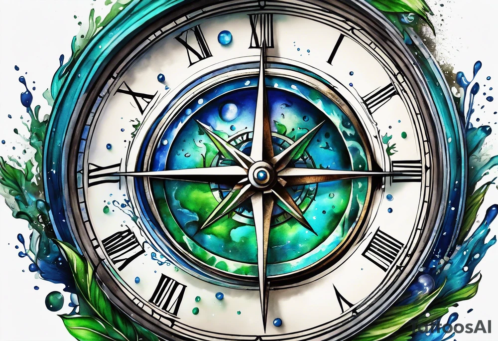 half compass half clock with arrow and splashes of blue and green to symbolize water and earth tattoo idea
