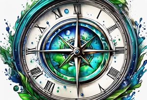 half compass half clock with arrow and splashes of blue and green to symbolize water and earth tattoo idea