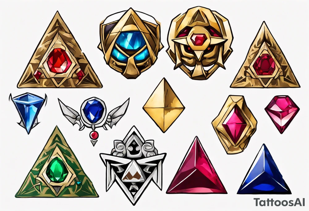 triforce with kokiri emerald, goron's ruby and zora's sapphire tattoo idea