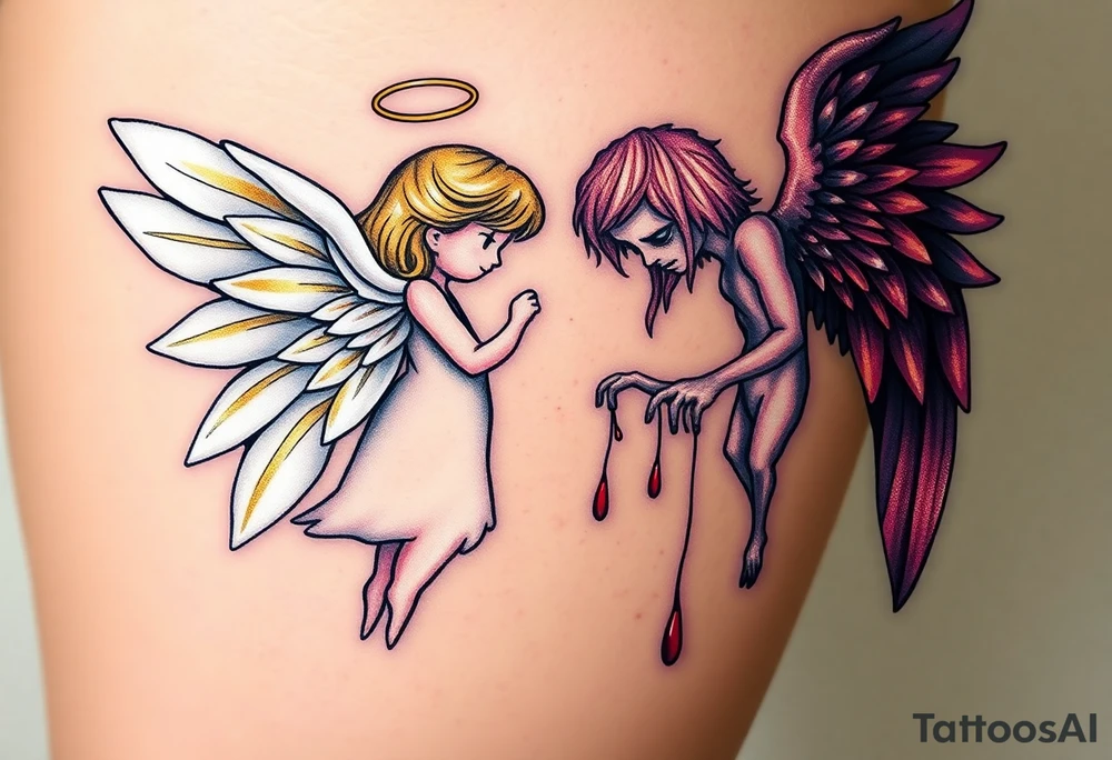 angel, with brilliant white wings that shine with golden accents standing against fallen angel, whose wings are tattered and darkened with deep purples, reds, and blacks, dripping with sorrowful tears of blood. tattoo idea