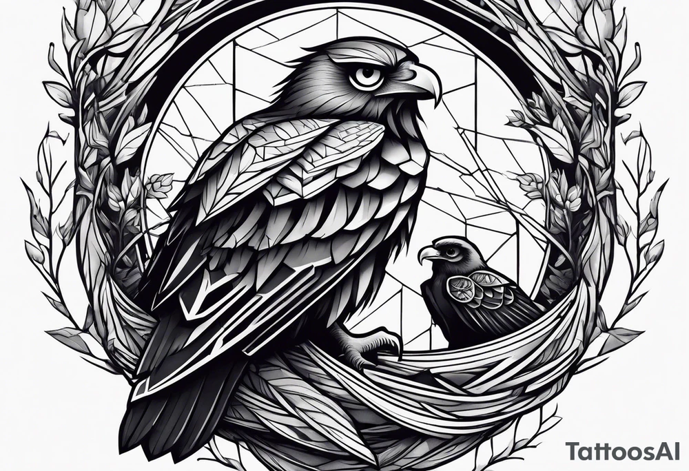 Owl, raven, eagle cuddled in a nest, looking down into the nest tattoo idea