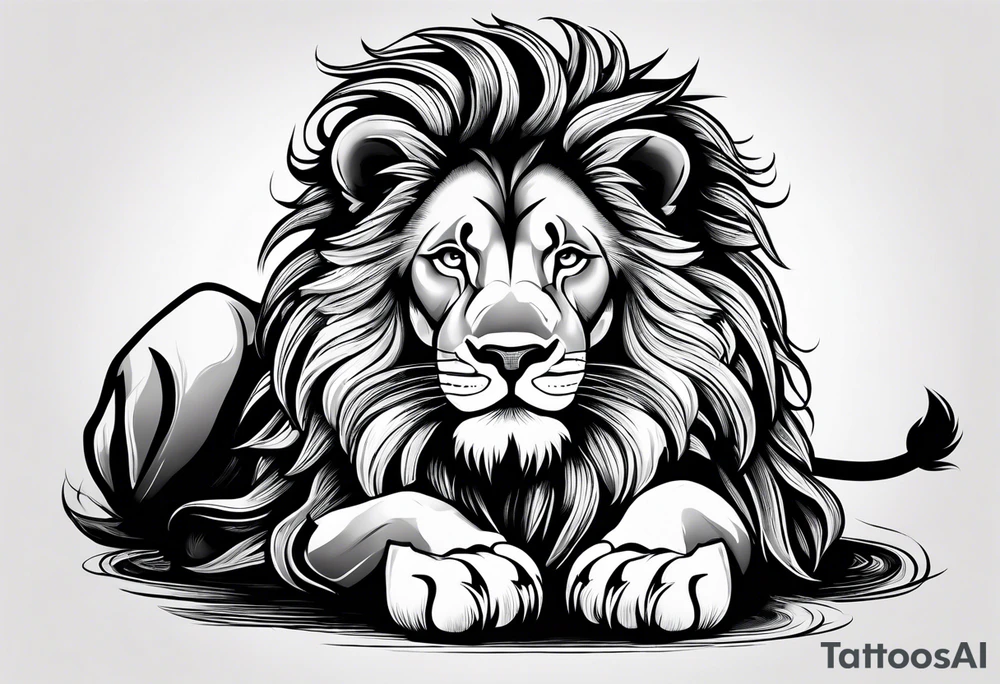 Lion laying own horizontally smiling and saying welcome tattoo idea