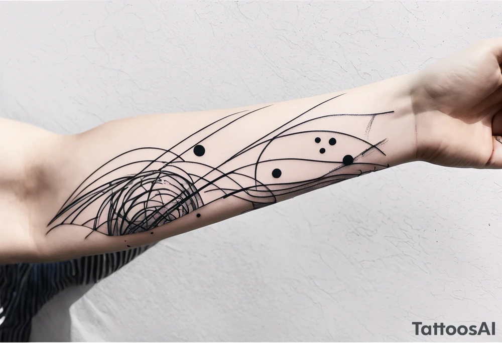 flowing abstract large forearm tattoo with lines, splatters, circles tattoo idea