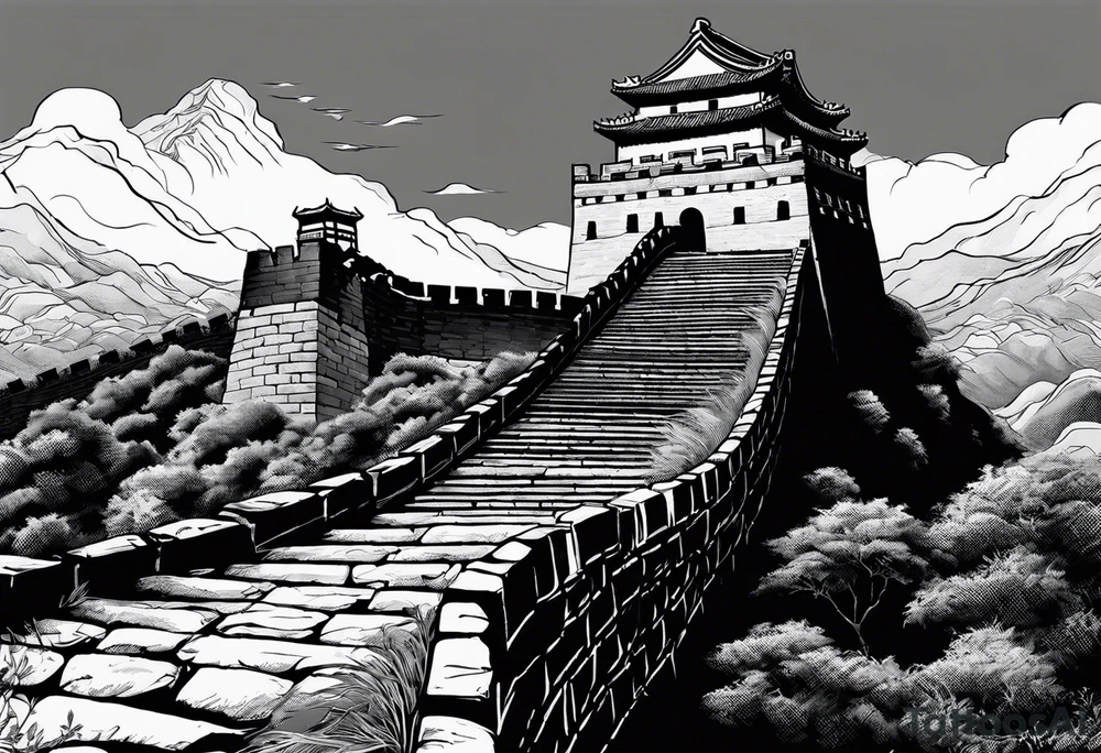 Great Chinese wall, realistic, art, gezeichnet, fine line, black and grey, man, details, high tattoo idea