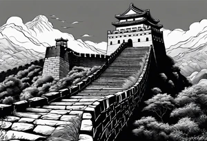 Great Chinese wall, realistic, art, gezeichnet, fine line, black and grey, man, details, high tattoo idea