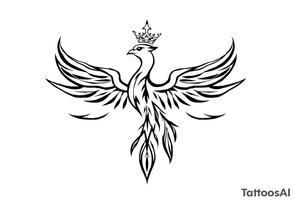 Pheonix wearing a crown with flowy long tail tattoo idea