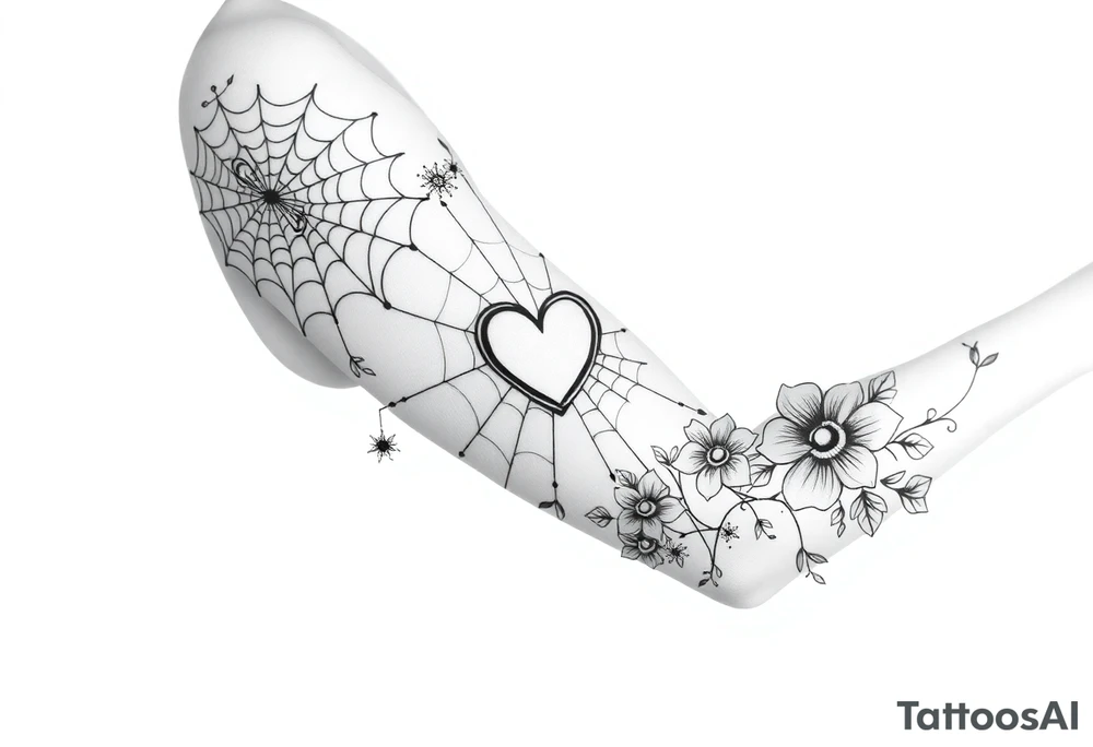 spiderweb with heart and flowers tattoo idea