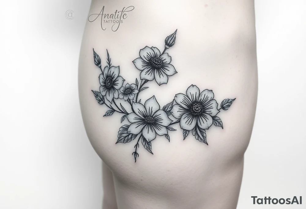 Hip and thigh tattoo with Thinner lines and flowers something dainty but also bohemian with maybe a touch of an insect or small animal tattoo idea