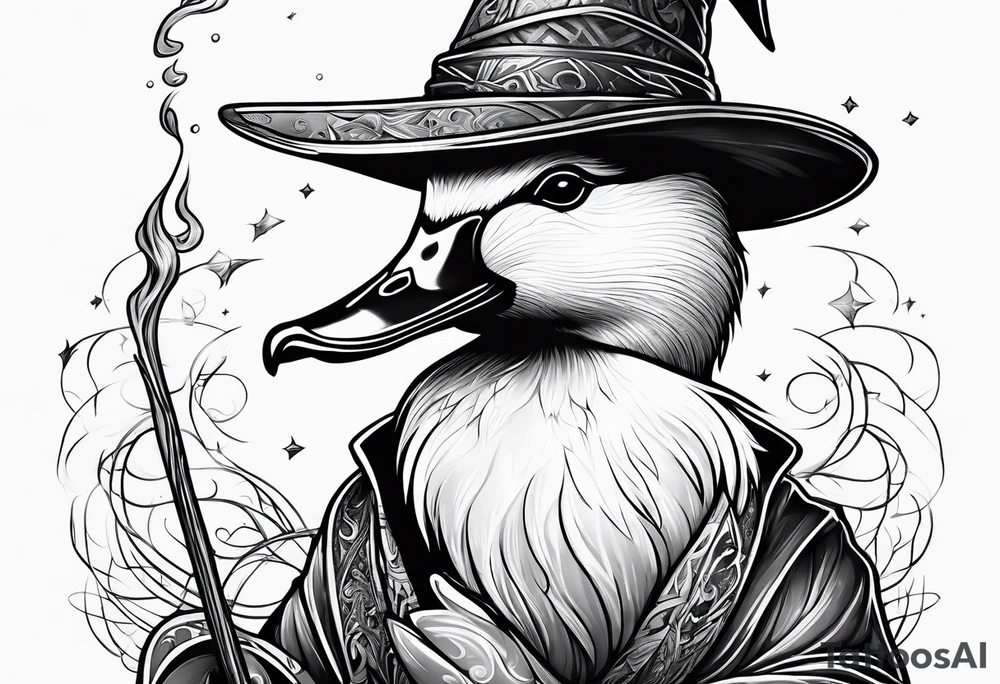 Dabbling Duck dressed like a wizard casting a spell with his wand tattoo idea Dabbling Duck dressed like a wizard casting a spell with his wand tattoo idea
