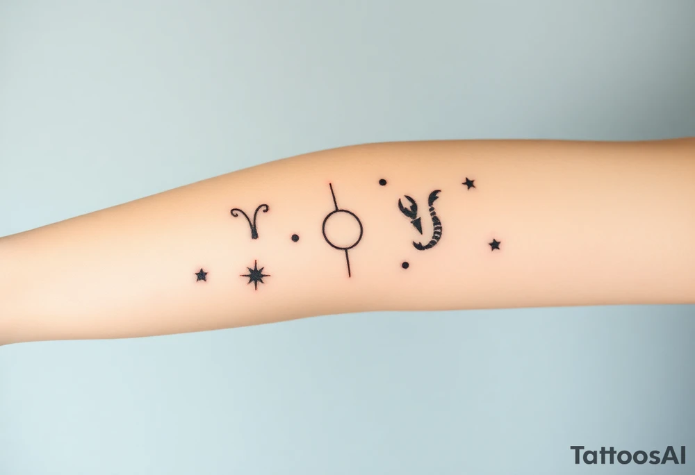 constellation tattoo with libra, cancer, Taurus, 2 scorpio and capricorn stars only tattoo idea