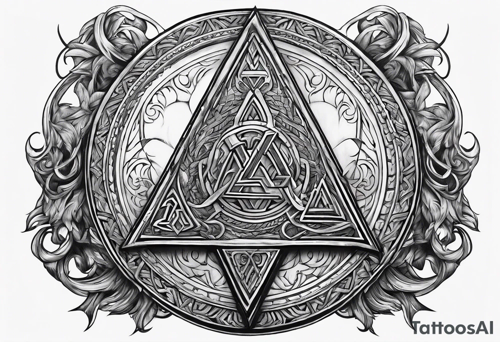 Valhalla sword round shield axe Valknut steps fire chains tattoo idea Valhalla sword round shield axe Valknut steps fire chains tattoo idea