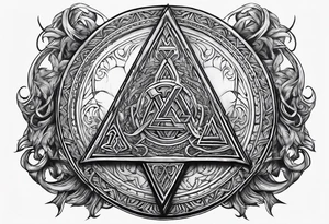 Valhalla sword round shield axe Valknut steps fire chains tattoo idea