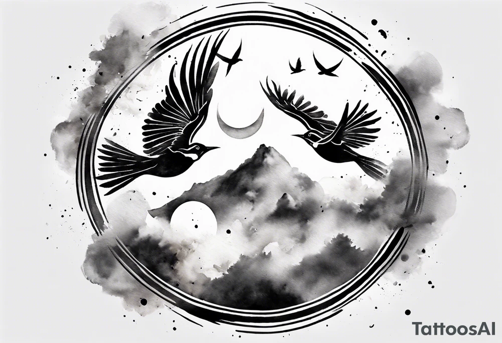 shoulder tattoo with light rays with birds flying free among the clouds, round shape, 3d effect tattoo idea shoulder tattoo with light rays with birds flying free among the clouds, round shape, 3d effect tattoo idea