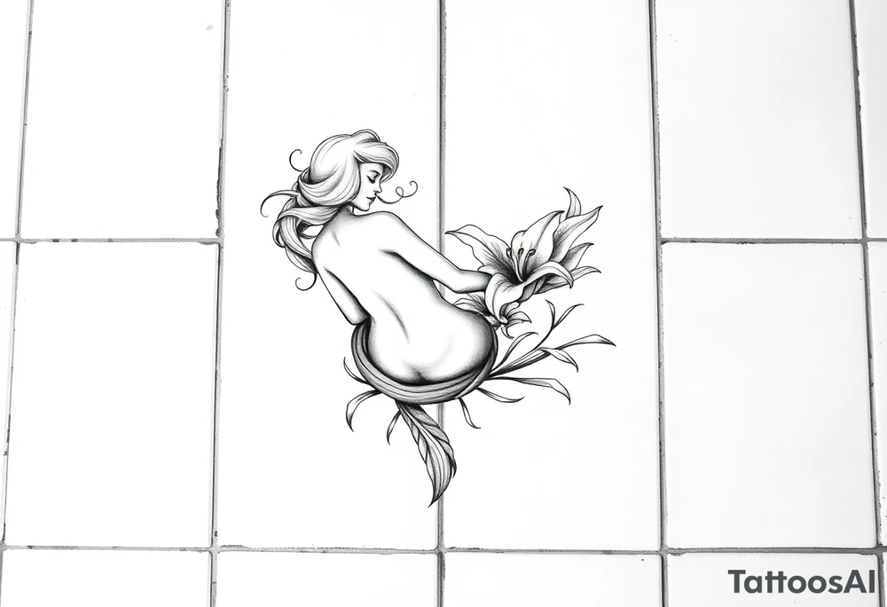 A simple tile floor. On top of the tile A curled figure with a lily next to her tattoo idea