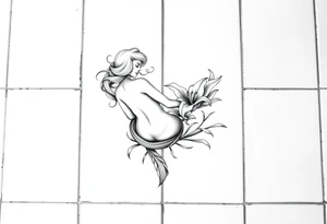 A simple tile floor. On top of the tile A curled figure with a lily next to her tattoo idea