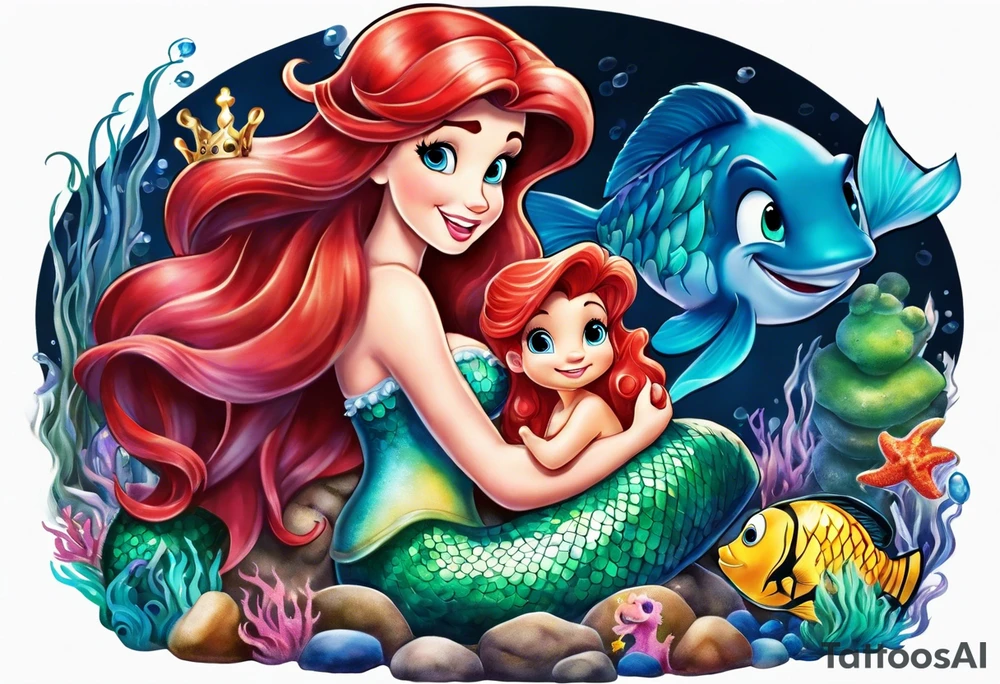 The little mermaid sitting in her grotto playing with Mike and Sulley Stuffed animals tattoo idea