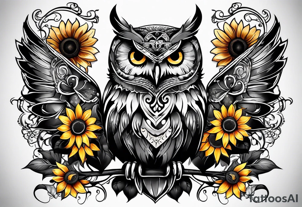 Owl, butterfly and sunflower are sleeve tattoo idea