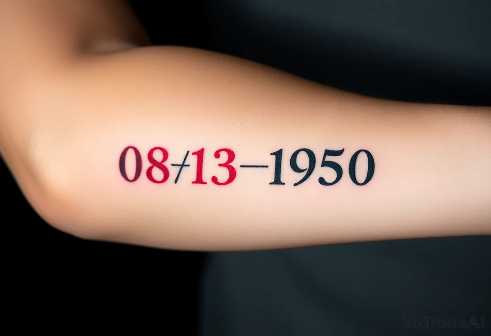 “Quero uma tatuagem no antebraço, simples e pequena. Deve ter a data de nascimento do meu avô 08/03/1950 escrita em vermelho, seguida de um traço reto e, à frente, o símbolo de infinito em preto com detalhes em branco. O design deve ser minimalista, com letras elegantes e proporcionais, mantendo um aspeto discreto.” tattoo idea