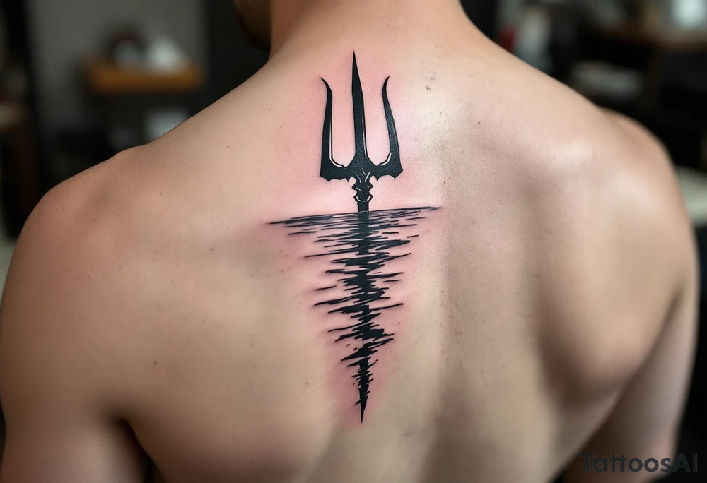 trident half way under calm water with sunset tattoo idea