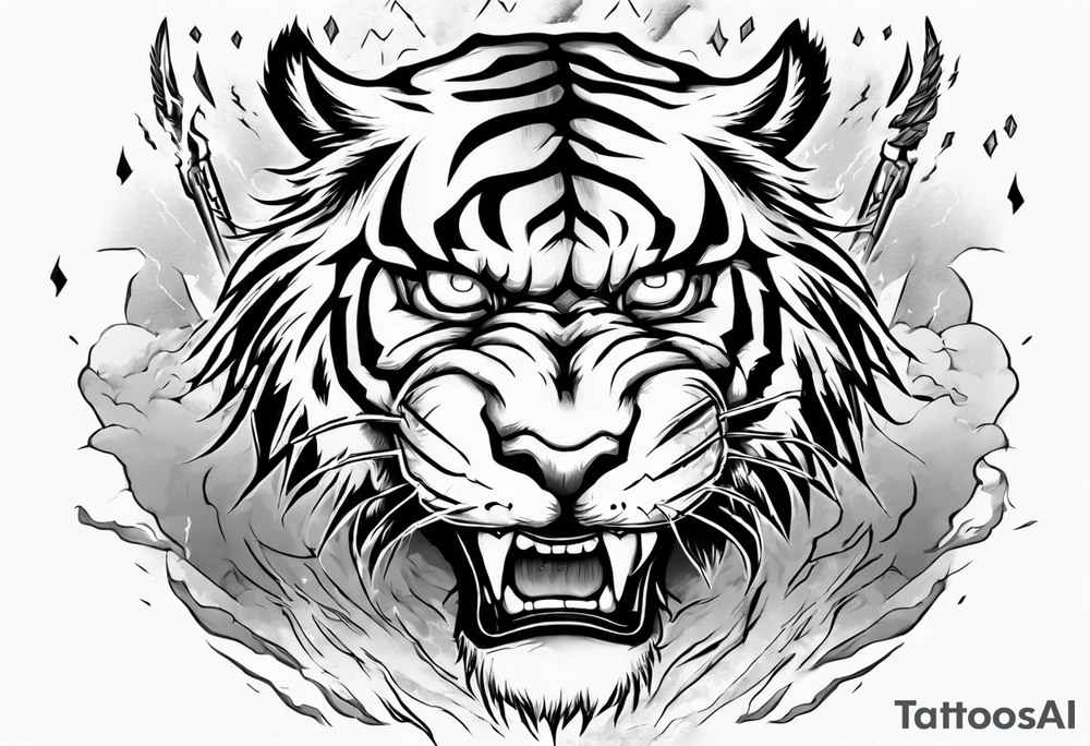 Tiger warrior with lightning and the sun for a forearm sleeve tattoo idea