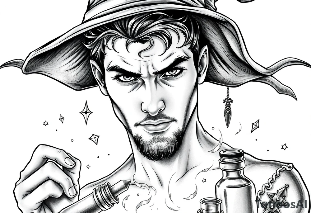 Handsome young adult guy is accidentally stumbled upon witch tools, supplies, artifacts, potions tattoo idea