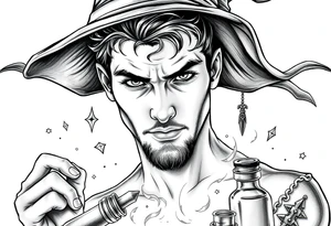 Handsome young adult guy is  accidentally stumbled upon witch tools, supplies, artifacts, potions tattoo idea