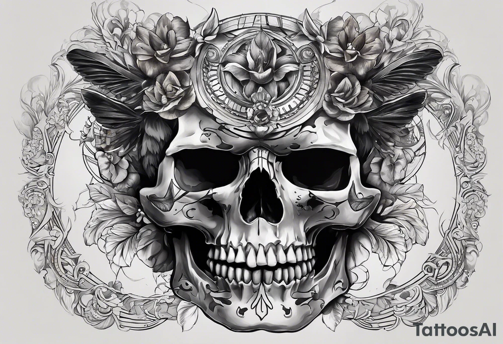unique tattoo design featuring a skull with a muzzle that appears to be releasing or breaking free from its constraints. The design should be intricate, with detailed shading and textures to give it a realistic look. The skull should be positioned on the neck as if it's emerging from the skin. I'd like the design to be bold and eye-catching, with a mix of grey and bright colors to create a striking contrast. tattoo idea
