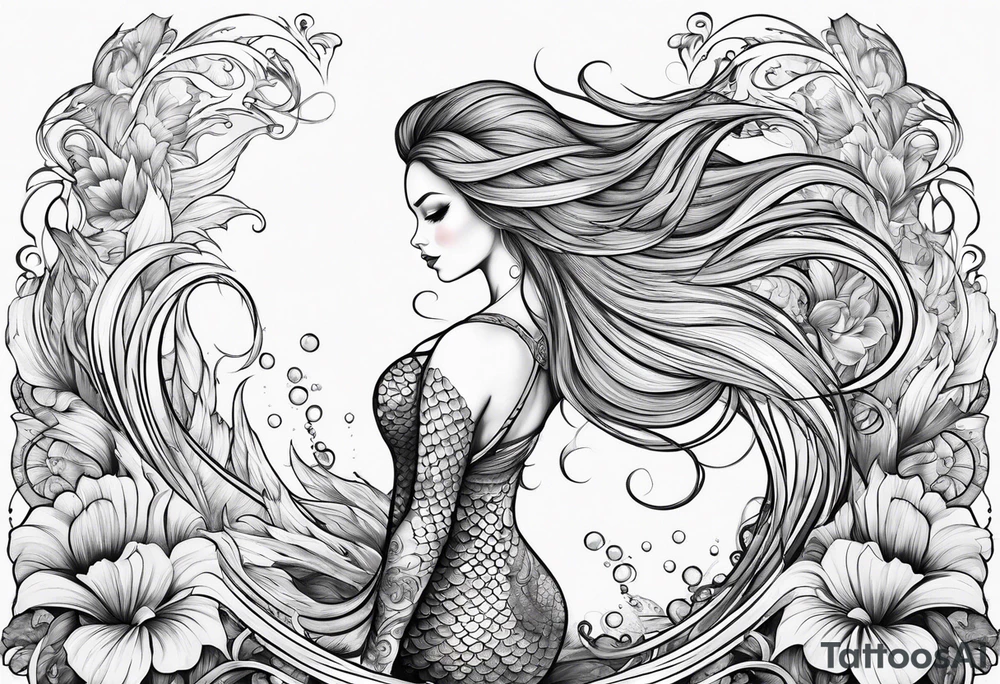 sexy full bodied mermaid with flowing tail and hair, tattoo sleeve tattoo idea