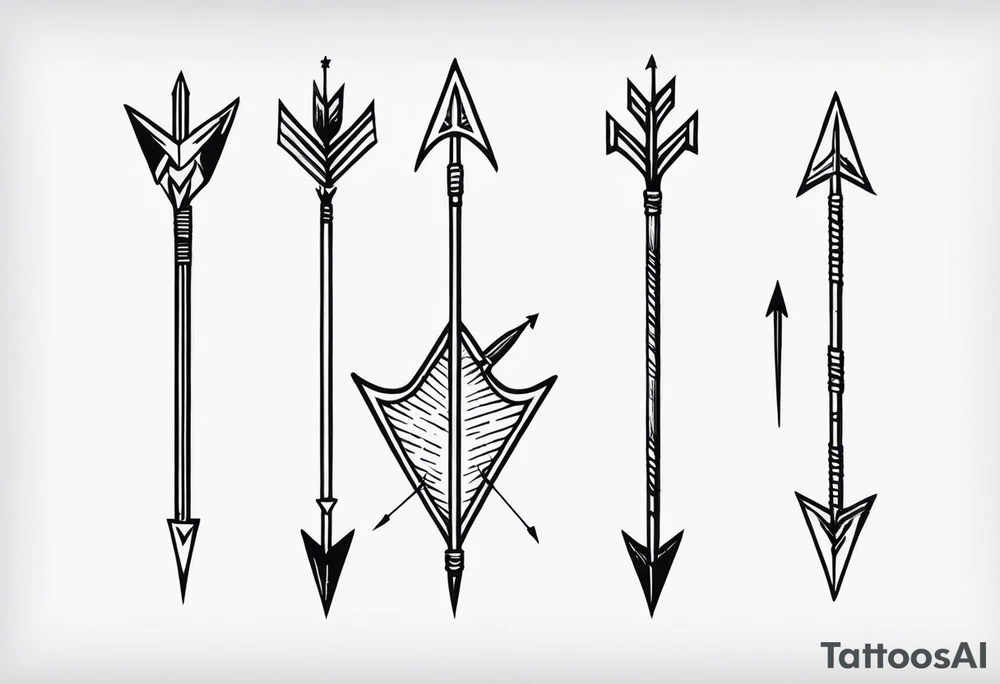 three minimalistic parallel medieval arrows.
two arrows broken. arrows need to have a flight at one end and a head at the other

arrows represent my auntie who died at 62, myself, and my son who died at 6 months old tattoo idea