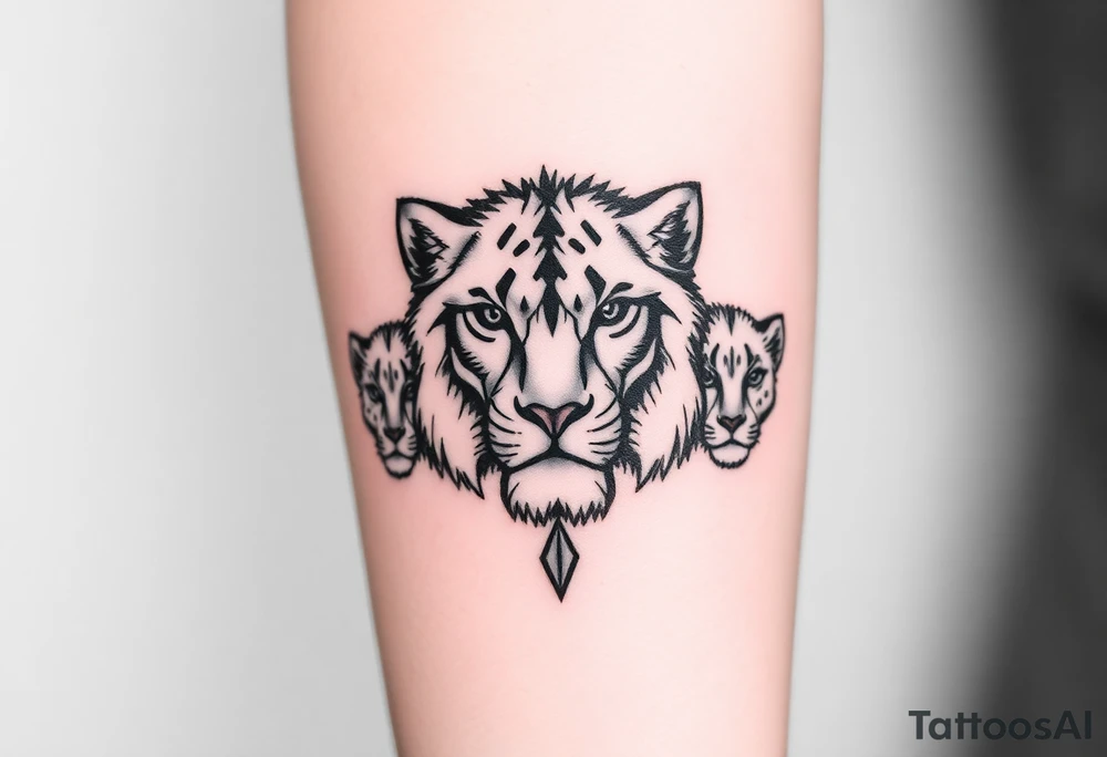 Geometric half male lion face half 3 female cubs faces tattoo idea