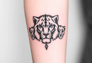 Geometric half male lion face half 3 female cubs faces tattoo idea