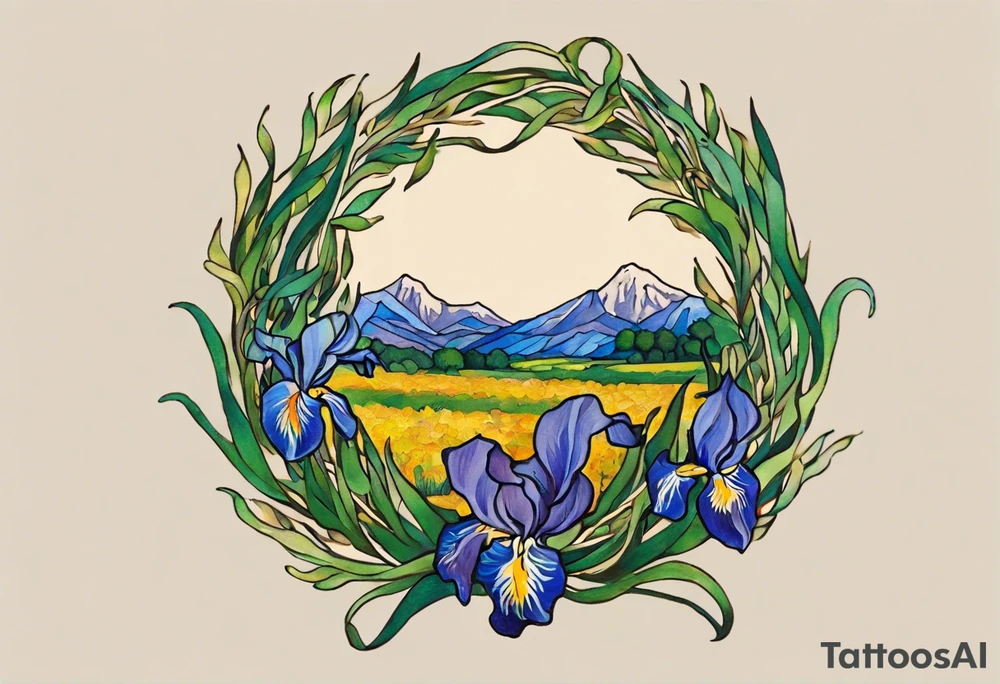 Create a small, colorful Vincent van Gogh Irises tattoo in the form of a crescent, with vines gracefully intertwining at a central point in the middle of the wreath. The intended placement is on the upper chest. The middle needs mountains. The overall design should be small in size while maintaining a delicate and artistic aesthetic. Pay attention to the graceful flow of the vines and the placement of the irises to achieve a refined and elegant look. tattoo idea