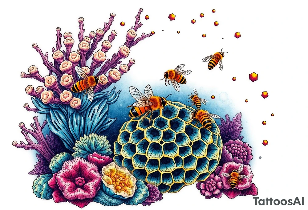 Coral reef scene with honey bees swimming on honey comb tattoo idea