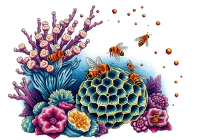 Coral reef scene with honey bees swimming on honey comb tattoo idea