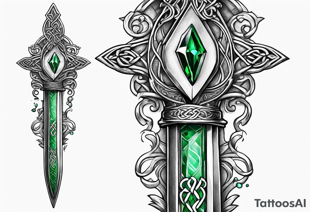 A Celtic dagger with an oak hilt turned upright and emerald gemstones on it tattoo idea
