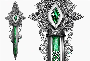 A Celtic dagger with an oak hilt turned upright and emerald gemstones on it tattoo idea