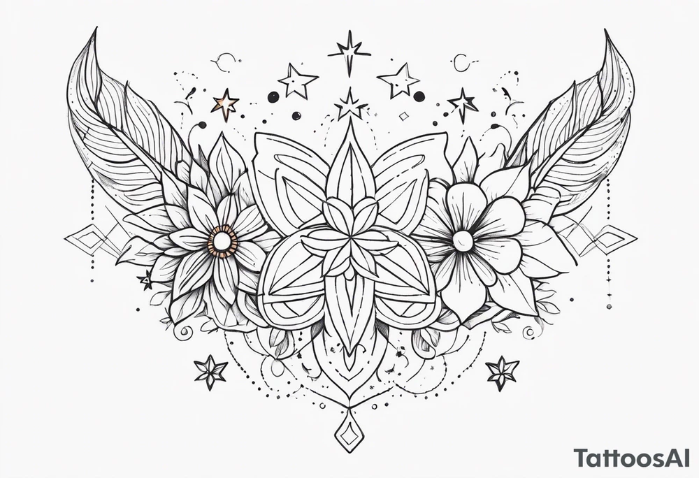 fine line with stars, floral, dots. Sternum tattoo tattoo idea