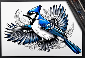 Strong blue jay bird in flight head down tattoo idea