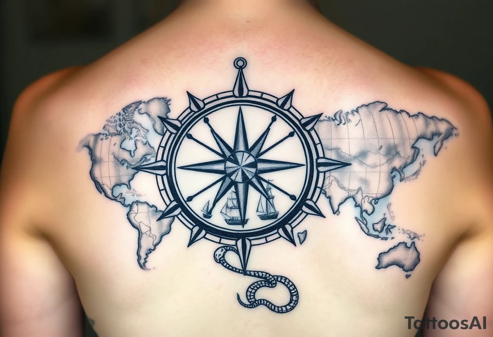 antique compass rose overlaid on weathered world map with sailing ships and a snake tattoo idea