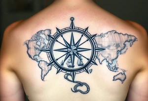 antique compass rose overlaid on weathered world map with sailing ships and a snake tattoo idea