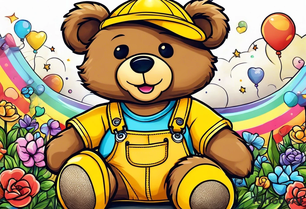A light brown teddy bear in yellow overalls and rainbow skates tattoo idea