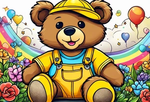 A light brown teddy bear in yellow overalls and rainbow skates tattoo idea